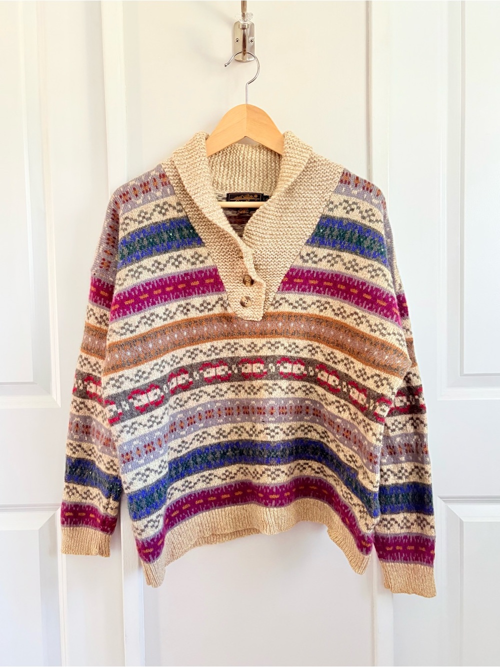 Vintage 90s Eddie Bauer Fair Isle Wool Shawl Collar Sweater L